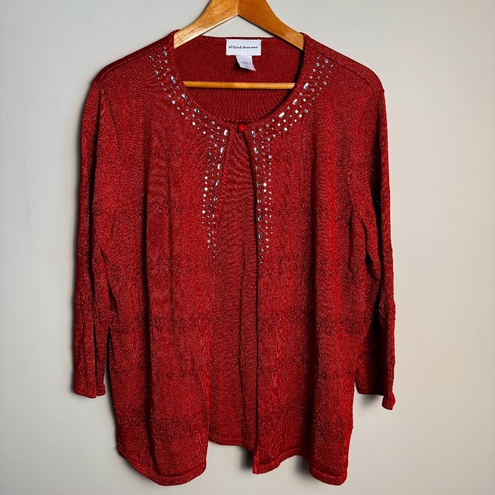 Alfred Dunner Women's Vintage 3/4 Sleeve Faux‎ Wrap Top Metallic Red Size Large